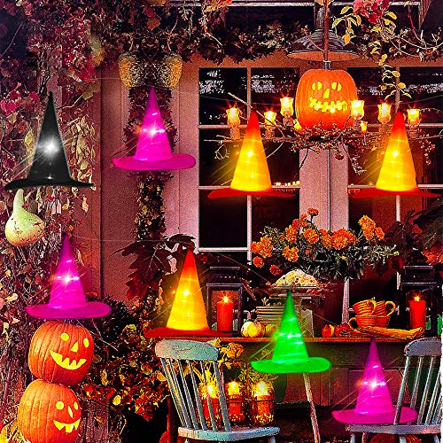 Halloween Decorations Outdoor - 8PCS IP67 Waterproof Hanging Witch Hat String Lights w Timer Battery Operated - Halloween Lights Outside Decor for Tree Porch Patio Garden Yard Party Home