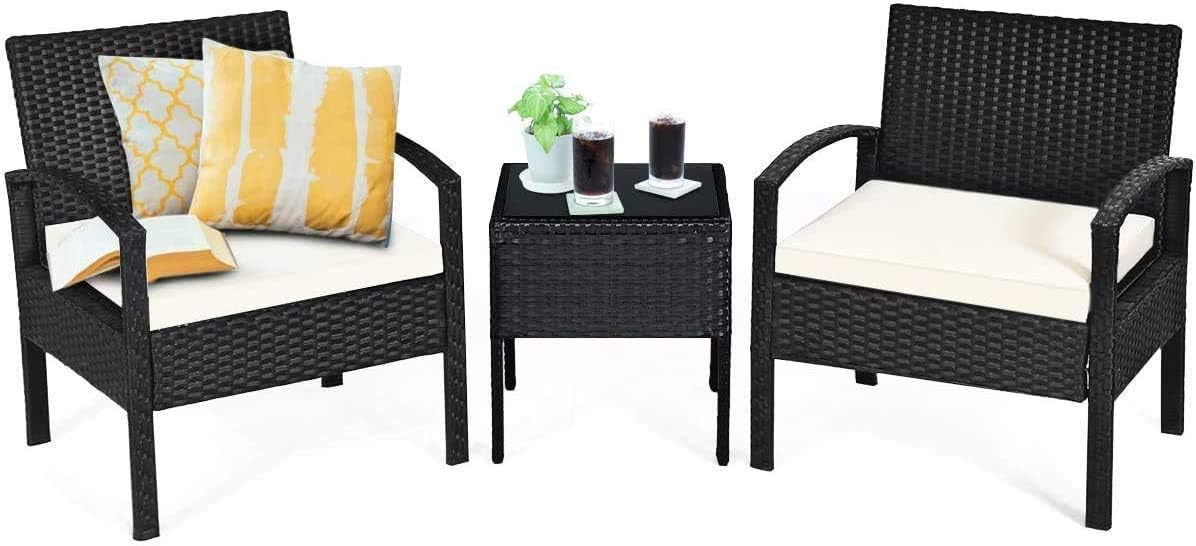Nightcore 3 Pieces Outdoor Patio Furniture Set, Rattan Conversation Chair Set w/Beige Seat Cushions & Glass Coffee Table, Perfect for Yard Porch Poolside Lawn (1)