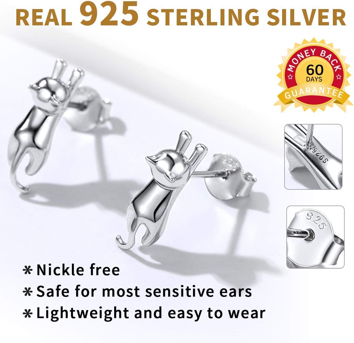 ChicSilver Hypoallergenic 925 Sterling Silver Cute Animal Earrings for Women Lovely Cat/Hedgehog/Turtle Stud Earrings for Sensitive Ears - Image 5