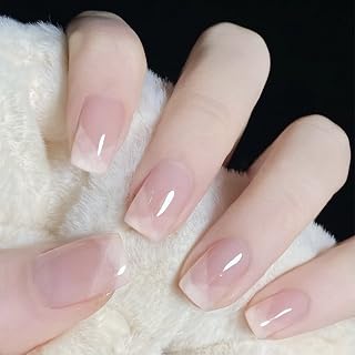 French False Nails Short, 24Pcs Pale Pink Fake Nails, Press on Nails with Design, Acrylic Nude Pink French Nail Tips with Nail Glue, Square Stick on Nails for Women Girls Nails Art