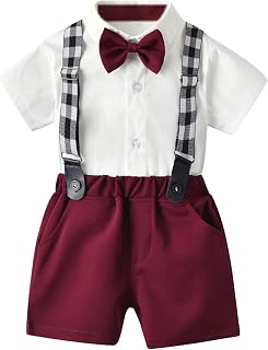 Mercatoo Calças de smoking para meninos meninos camisa manga curta shorts com gravata infantil roupas de cavalheiro infantil (vermelho, 3-4 anos)