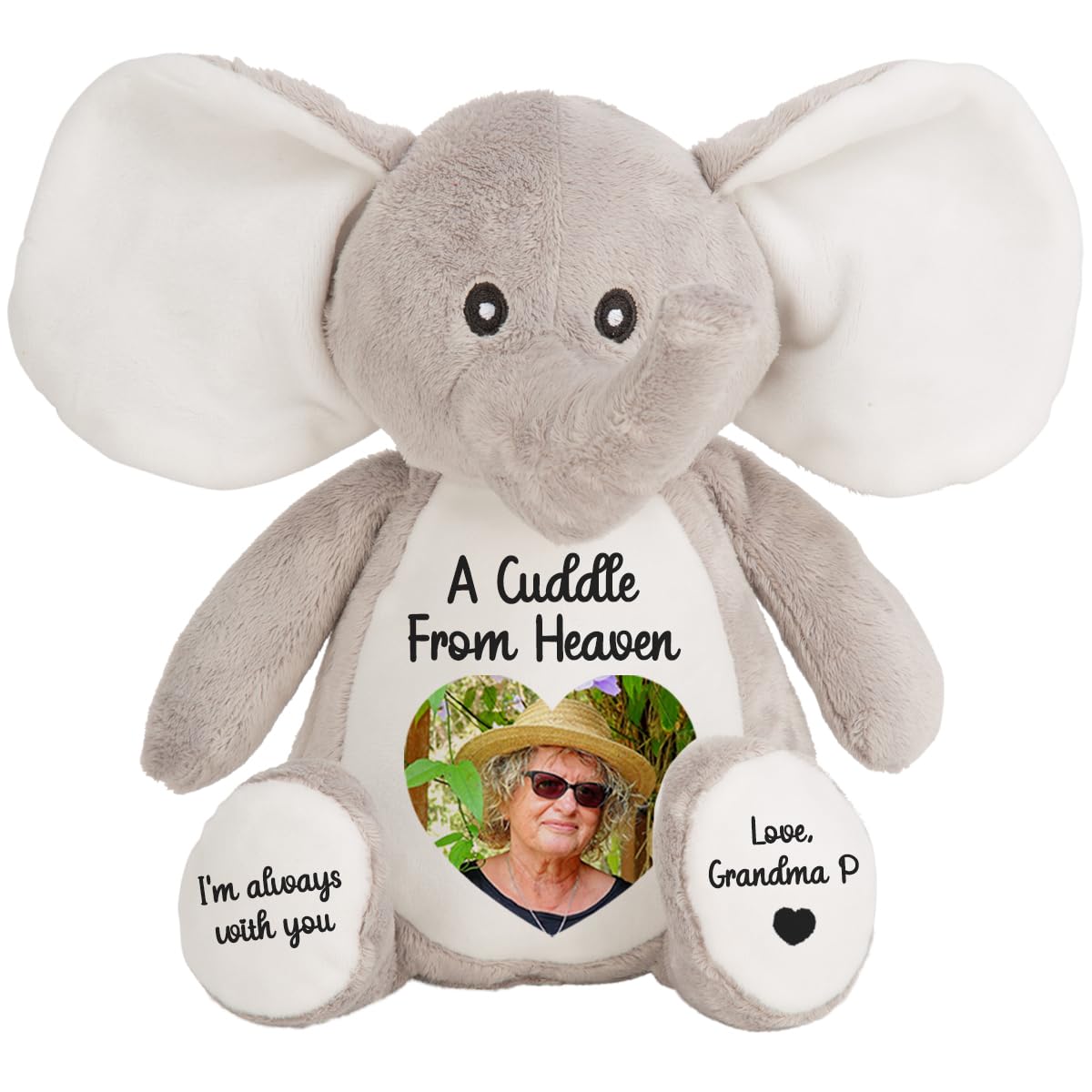 Personalised Memory Teddy Bear with Heart-Shaped Photo – “A Cuddle From Heaven” Keepsake Gift – 28 Bear Styles – Add Your Text & Choose Colour – Custom Memorial Bear (Grey Elephant)