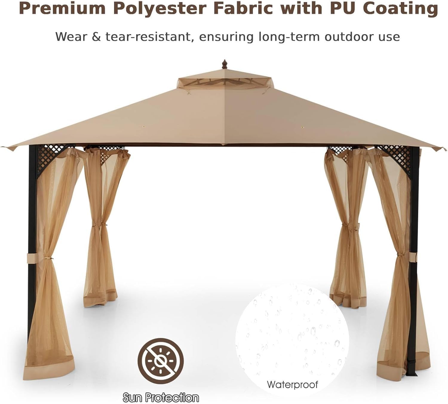 Waterproof Gazebo Replacement Canopy 3x3.7m with Air Vent, Drainage Holes, 2-Tier Roof Awning for Garden, Patio, Outdoor Shelter Brown