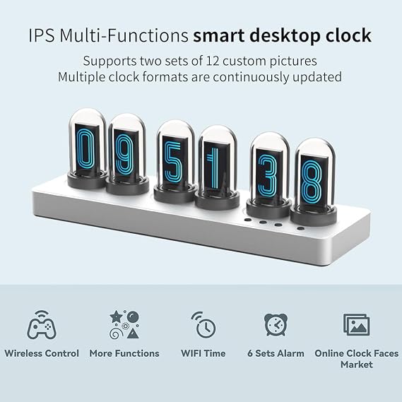 Nixie clock IPS clock, display time/set alarm, upload pictures, support mobile phone/computer control, multiple dial styles, multiple display modes, can be used for gifts, decorative desktop (SLIVER)