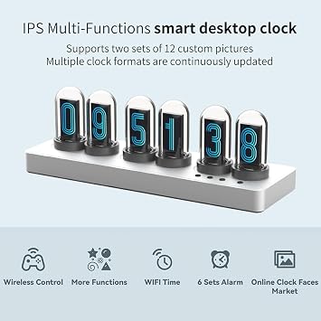 Nixie clock IPS clock, display time/set alarm, upload pictures, support mobile phone/computer control, multiple dial styles, multiple display modes, can be used for gifts, decorative desktop (SLIVER)