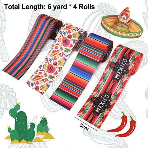 Fiesta Grosgrain Ribbon Rolls Mexican Serape Ribbon 2 Inch Rainbow Stripes Mexican Style Pattern Ribbons for Party Decoration Gift Wrapping Hair Bows DIY Art Crafts, 6 Yard (Roll of 4)