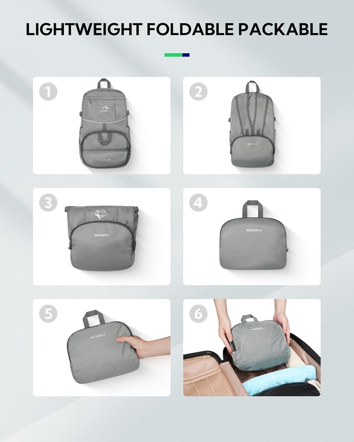 WATERFLY Hiking Packable Daypack Backpack: 35L Ultra Lightweight Day Pack for Woman Man - Large Compact Folding Back Pack for Outdoor Sport Cycling Camping Travel Trip - Gray