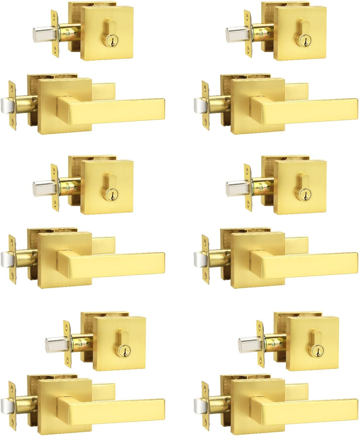 3 Pack Gold Passage Door Handle Sets with Deadbolt, Brass Exterior Door Locksets Square and Single Cylinder Deadbolt, Keyed Alike Heavy Duty Front Door Handleset for Interior/Exterior Doors