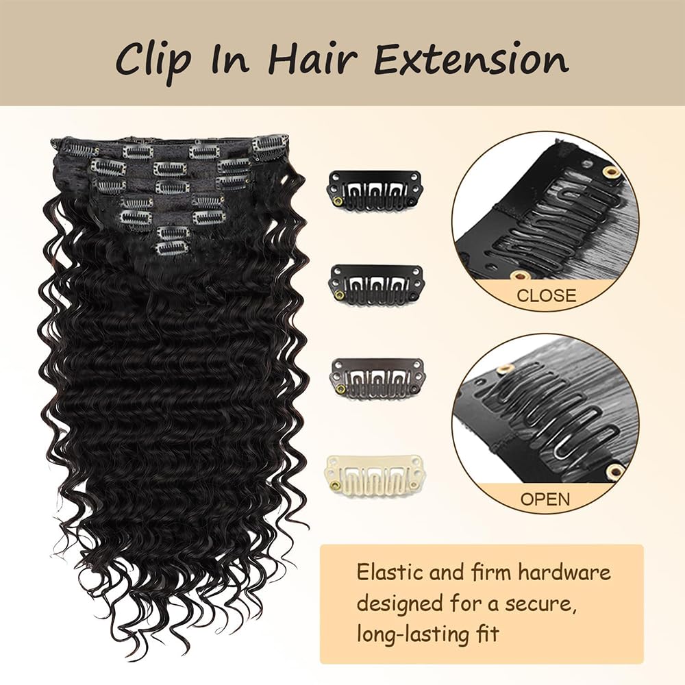 Deep Wave Clip in Hair Extensions Brasilien Echthaar Unprocessed Brazilian Virgin Hair Weave #1B Natural Black 7 Pieces 120g With 16 Clips Per Set für Frauen 28 Inch