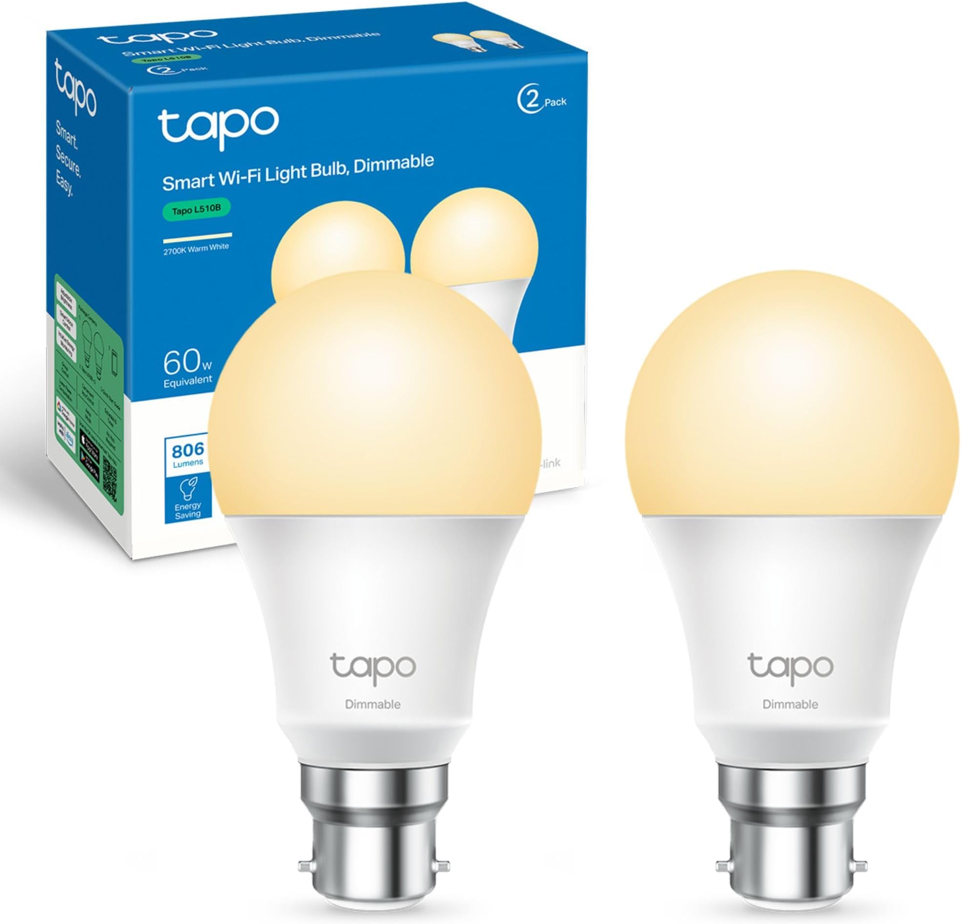 Tapo L510B (2-Pack) Smart Bulb, B22 LED Light Bulb, Alexa Light Bulbs, Dimmable Bulb,Energy Monitoring, 8.3W (60W), Schedule & Timer, Away Mode, Energy Saving, Voice Control with Alexa&Google