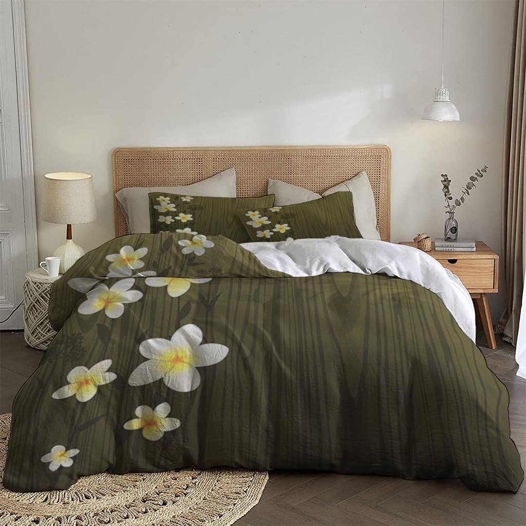 NIBAINLO 布団カバークリーム色のプルメリアの花が木の上に咲いています 肌に優しい ピーチスキン加工 掛け布団カバー 和式 洋式 あったか 布団カバーセット リバーシブル ホームステイ ホテル 家庭兼用