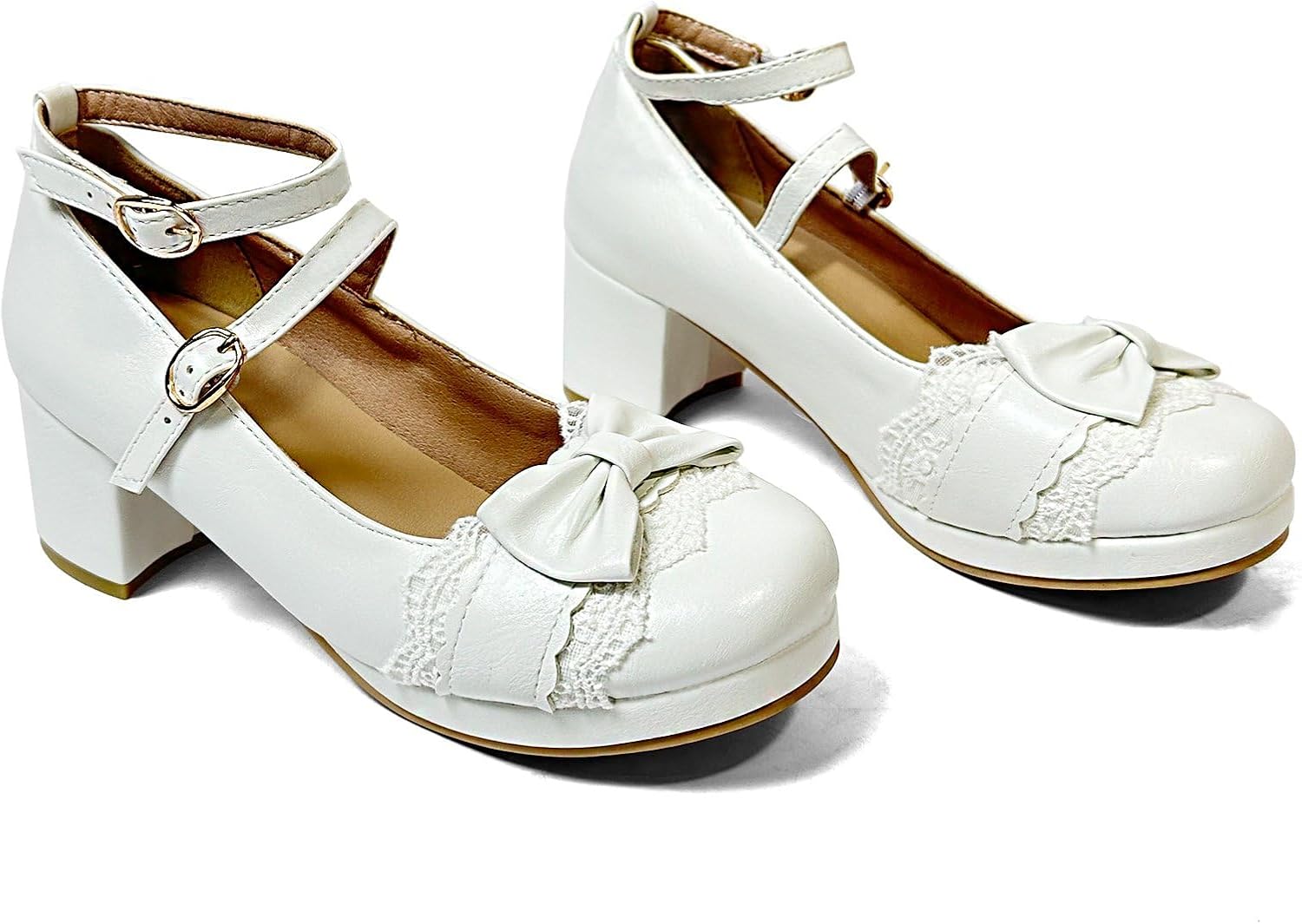 MEOTINA Mary Janes Shoes for Women Cute Bow Platform Heels Lace Closed Toe Kawaii Shoes Vintage Ankle Strap Dress Pumps White/Pink/Black/Yellow