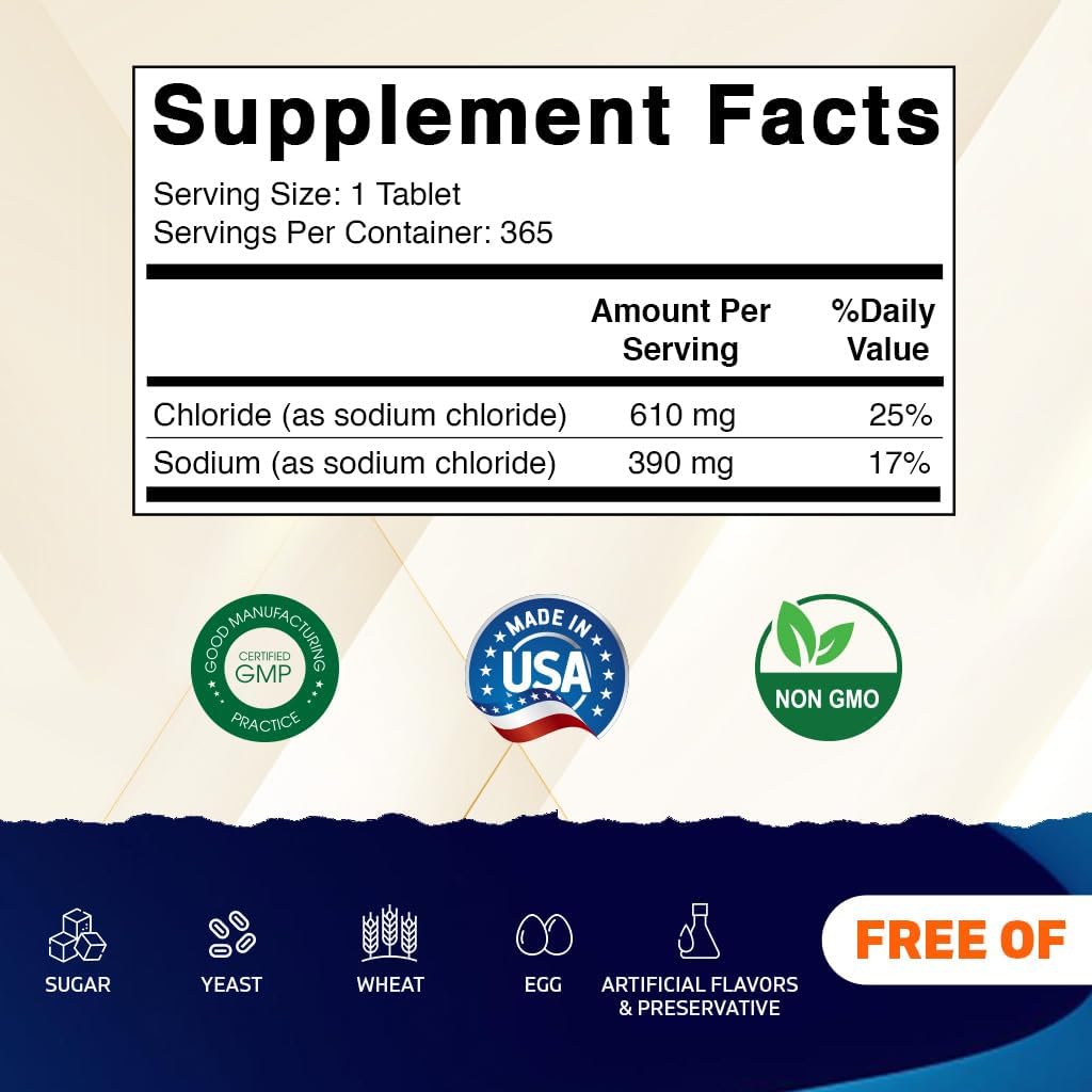 Vitamatic Sodium Chloride 1000mg – 365 Tablets Electrolyte Replenisher & Hydration Support – Non-GMO, Gluten-Free -3 Bottles