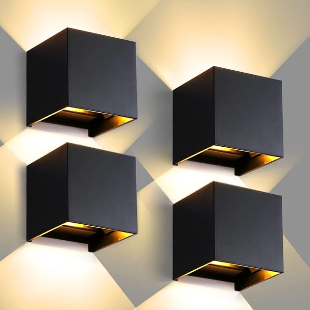 CANMEIJIA Outdoor Wall Lights 12W, Waterproof IP65 LED Outside Wall Lights, Adjustable Beam Aluminum Black Indoor Wall Lamp, 3000K Warm White for Garden Bathroom Bedroom Living Room Kitchen (4 Pack)