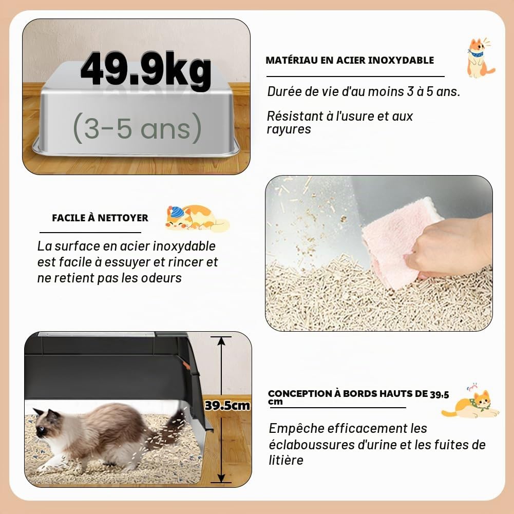 Vivifying Litière pour Chat en Acier Inoxydable avec Couvercle, Taille XL, Facile à Nettoyer et résistante aux odeurs, en Acier Inoxydable, avec pédales, Pelle et Tapis(Noir)