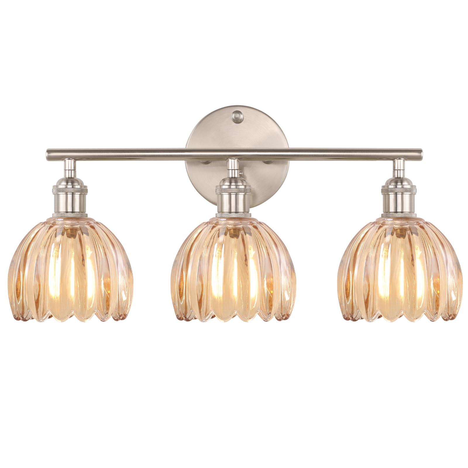 Shenmoyl Bathroom Light Fixtures, 3-Light Vanity wall Light Over Mirror with Amber Tulip Glass Shade for Bedroom Living Room (Bulb Not Included), Satin Nickel