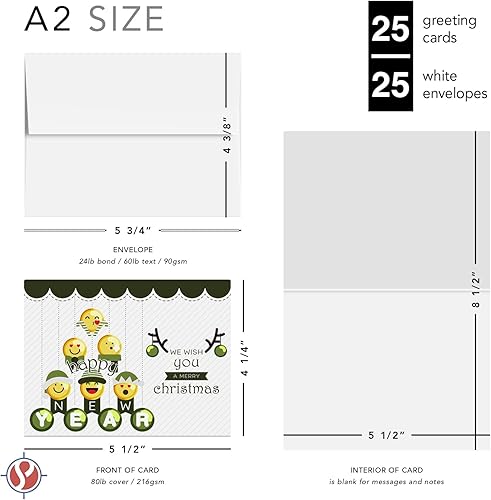 Miniatura 6 de Tarjetas de felicitación y sobres 2023, Feliz Navidad y Feliz Año Nuevo, Emoji de árbol verde, 4.25 x 5.5 pulgadas cuando está plegado (tamaño A2),