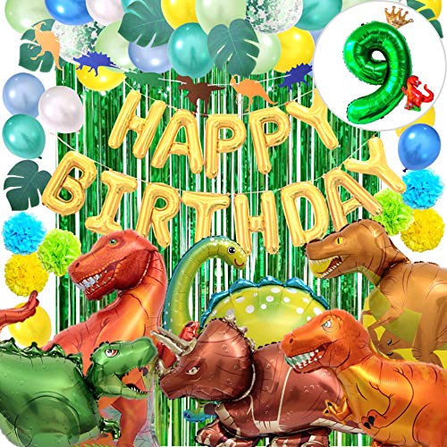 deerzon 恐竜 数字 バルーン セット 誕生日 飾り付け 男の子 女の子 巨大 風船 バースデー 王冠 装飾 (恐竜6体セット+数字「9」)