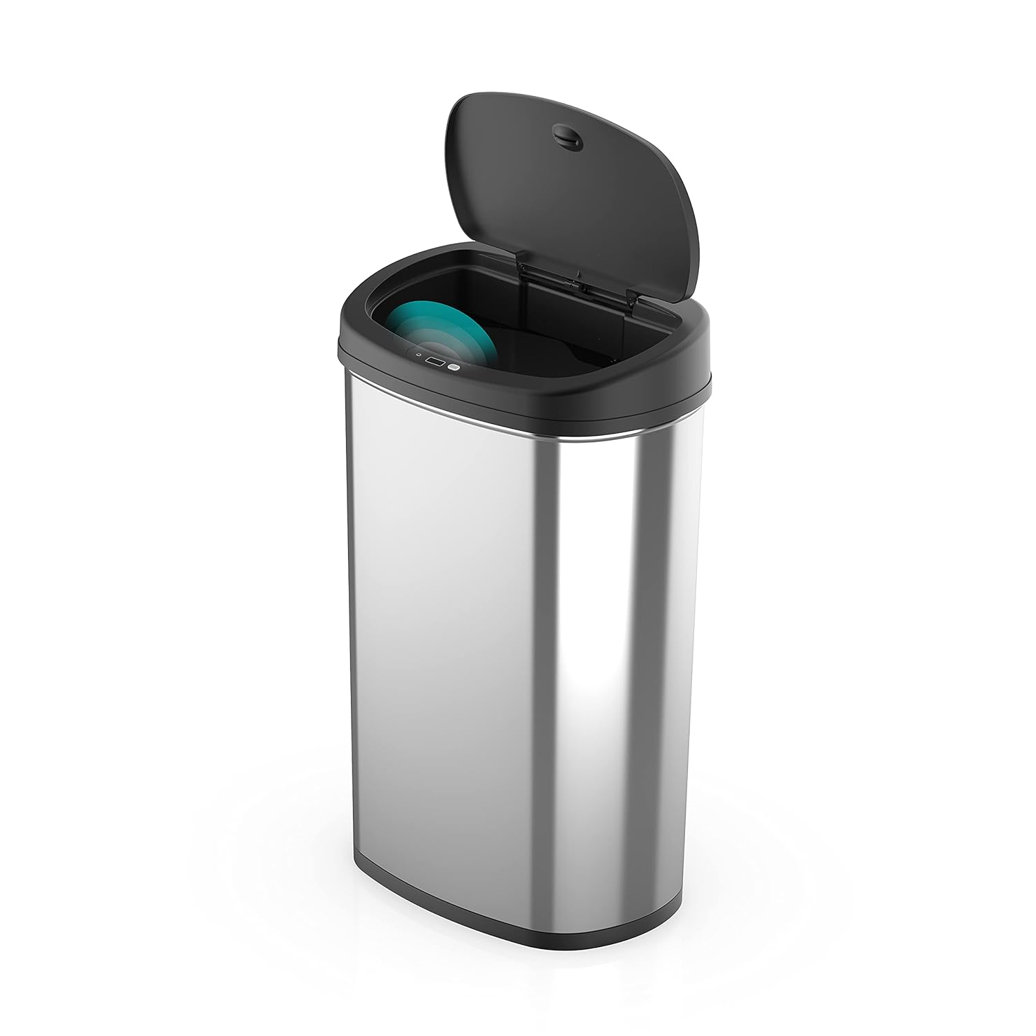 Ninestars automatic touchless trash can with lid open, showing the motion sensor area.