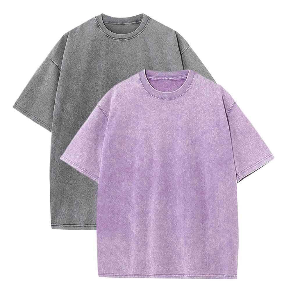 Botong Pump Covers T-Shirts Workout T Shirts for Men Oversized Gym Loose Fit Tshirt Vintage Heavyweight Tee Grey+Purple 3XL