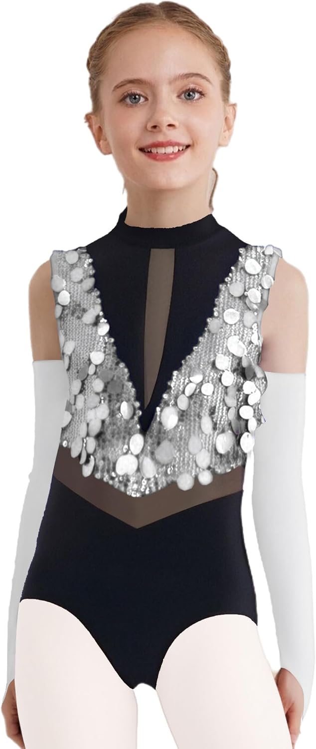 Kids Girls Sequin Jazz Dance Outfit Shiny Gymnastics Leotard Sleeveless Ballet Unitard Bodysuit with Gloves