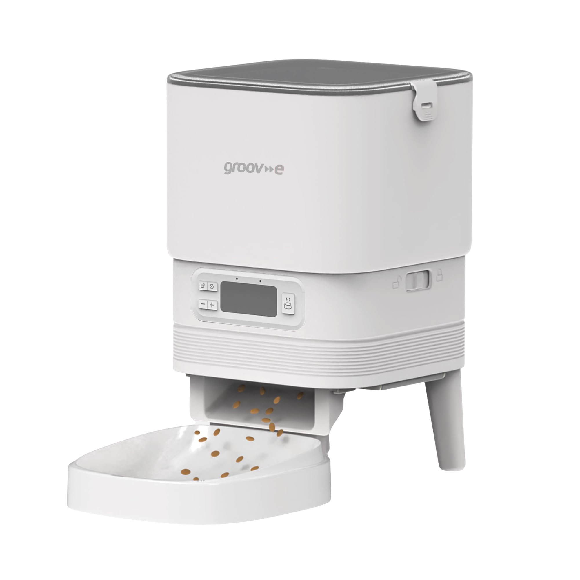 Groov-e Pet-Tech Automatic Pet Feeder – Cat and Small Dog Dry Food Dispenser, 4L Capacity, Up to 6 Meals a Day, Airtight Lid, LED Display – Battery or Mains Powered – White