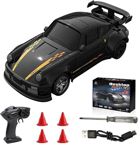 XUXLEKK Voiture Télécommandée, 1:64 RC Drift Car, 4WD 15km/h 2,4 GHz Voiture Drift avec avec lumières LED Barrages Routiers, Jouet d'anniversaire pour Adultes et Enfant