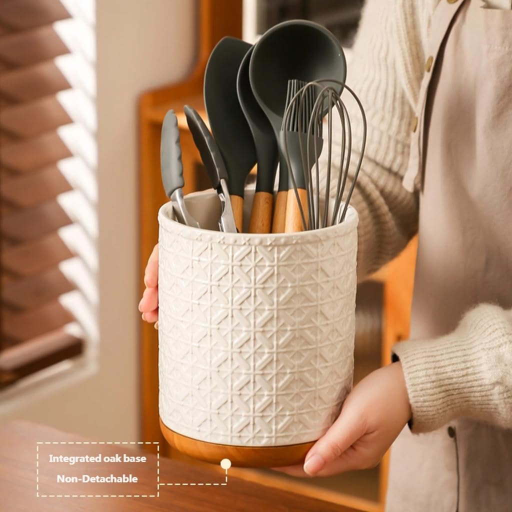 Support de comptoir en céramique avec finition à motifs pour ustensiles de cuisine