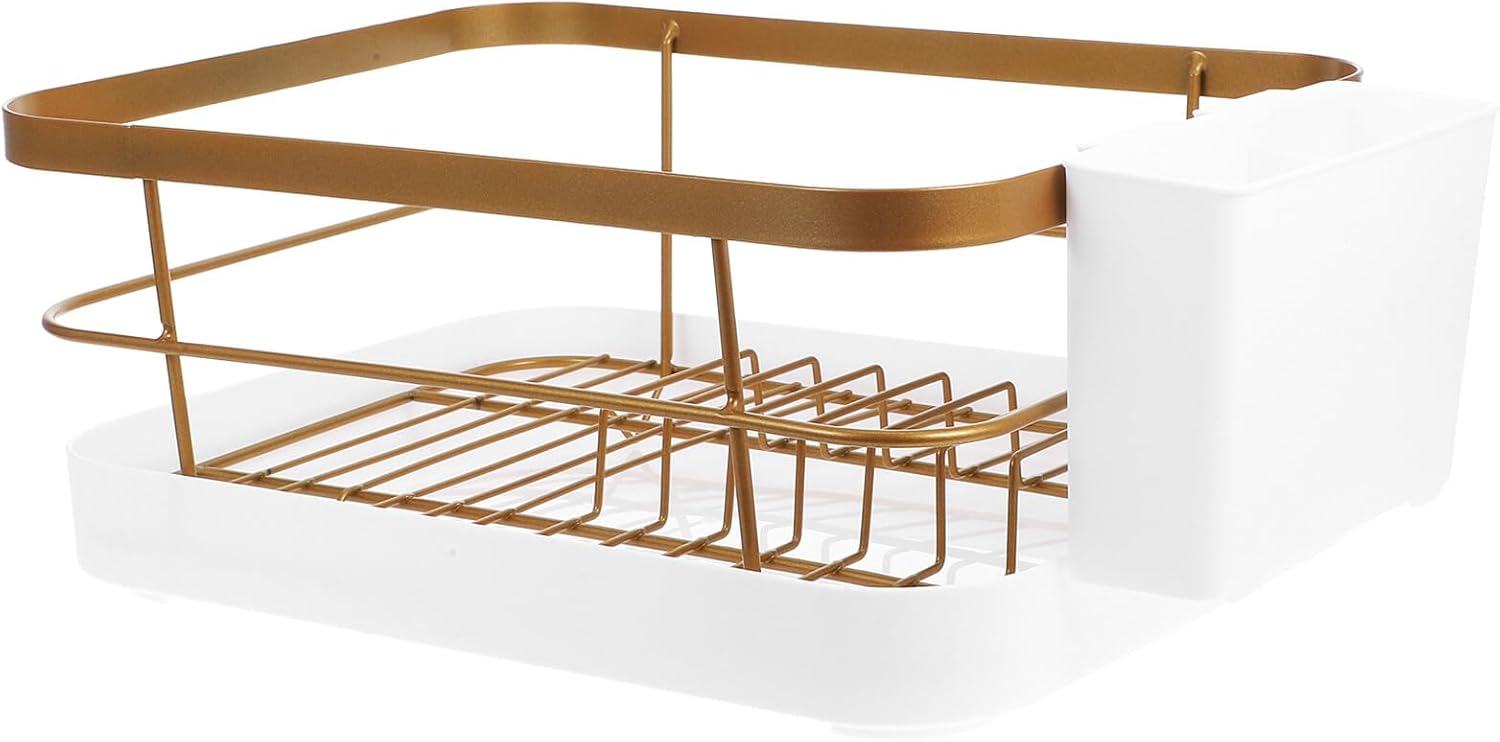 BESPORTBLE Kitchen Countertop Dish Rack Drying Organizer with Cutlery Holder No Installation Required Large Capacity for Bowls Plates Cups Anti-Slip Feet Modern Gold Finish Storage Rack for