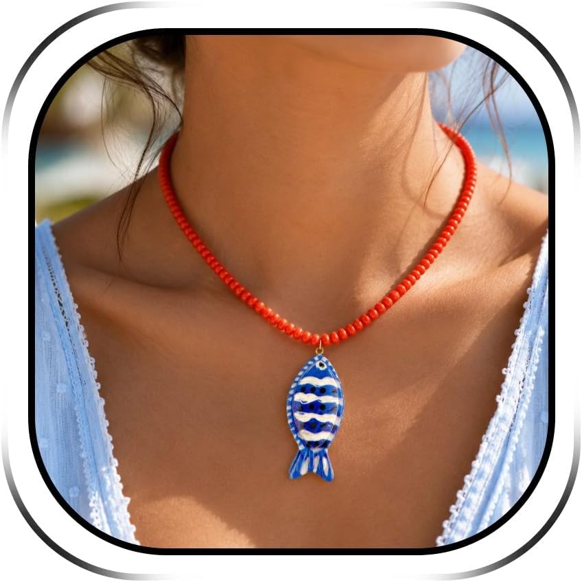 Red Beaded Fish Necklace for Women Chunky Large Beaded Fish Pendant Big Bead Boho Beach Vacation Jewelry Colorful Statement Summer Beach Necklace Gift