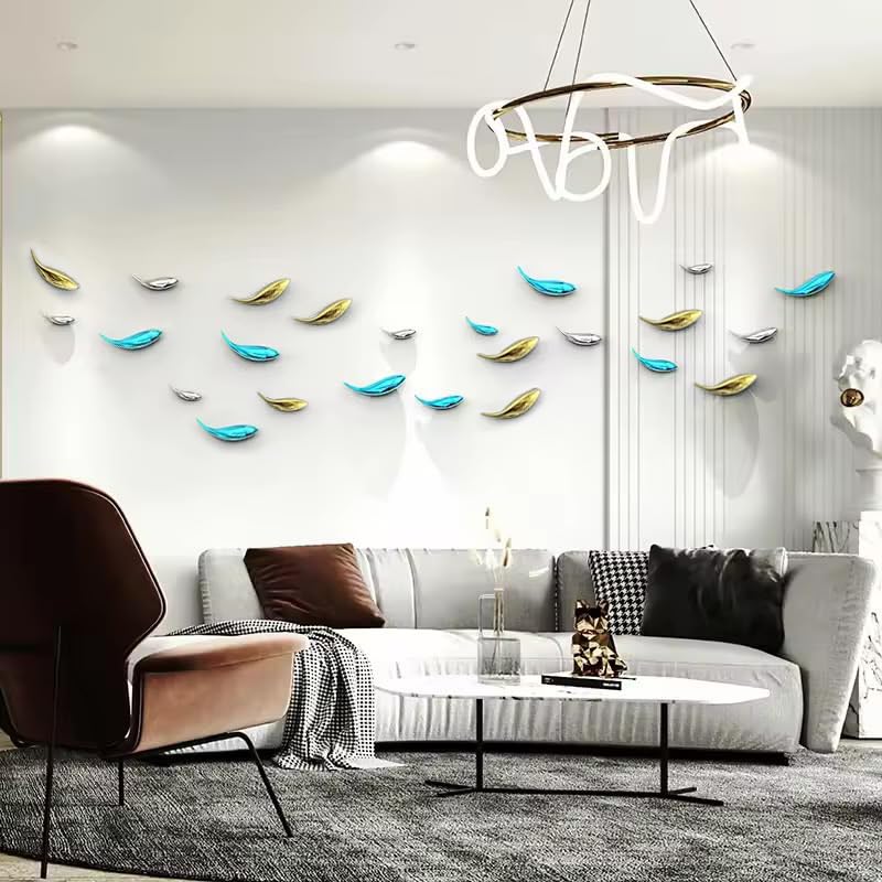 Image of ZOVE Set of 12 Stainless Steel Modern Luxury 3D Modern Fish Creative Design Wall Art | Home Decoration, Living Room, Hotel, Restaurant, Office, Wall Decor (Electroplating Gold,Blue And Silver)