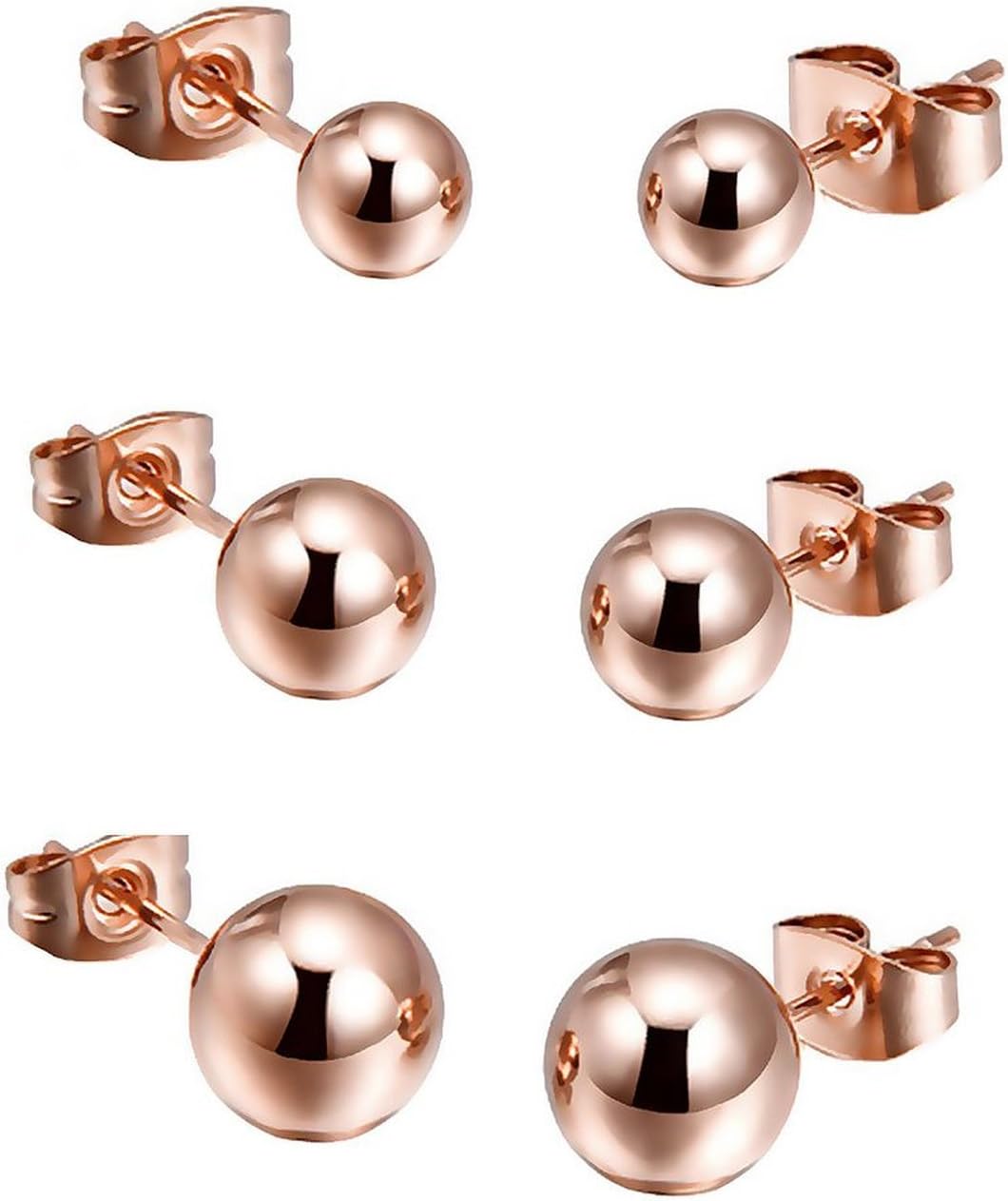 findout18k rose gold plated titanium steel ball 4mm 6mm 8mm 3 pair set family size stud earrings (f1697)
