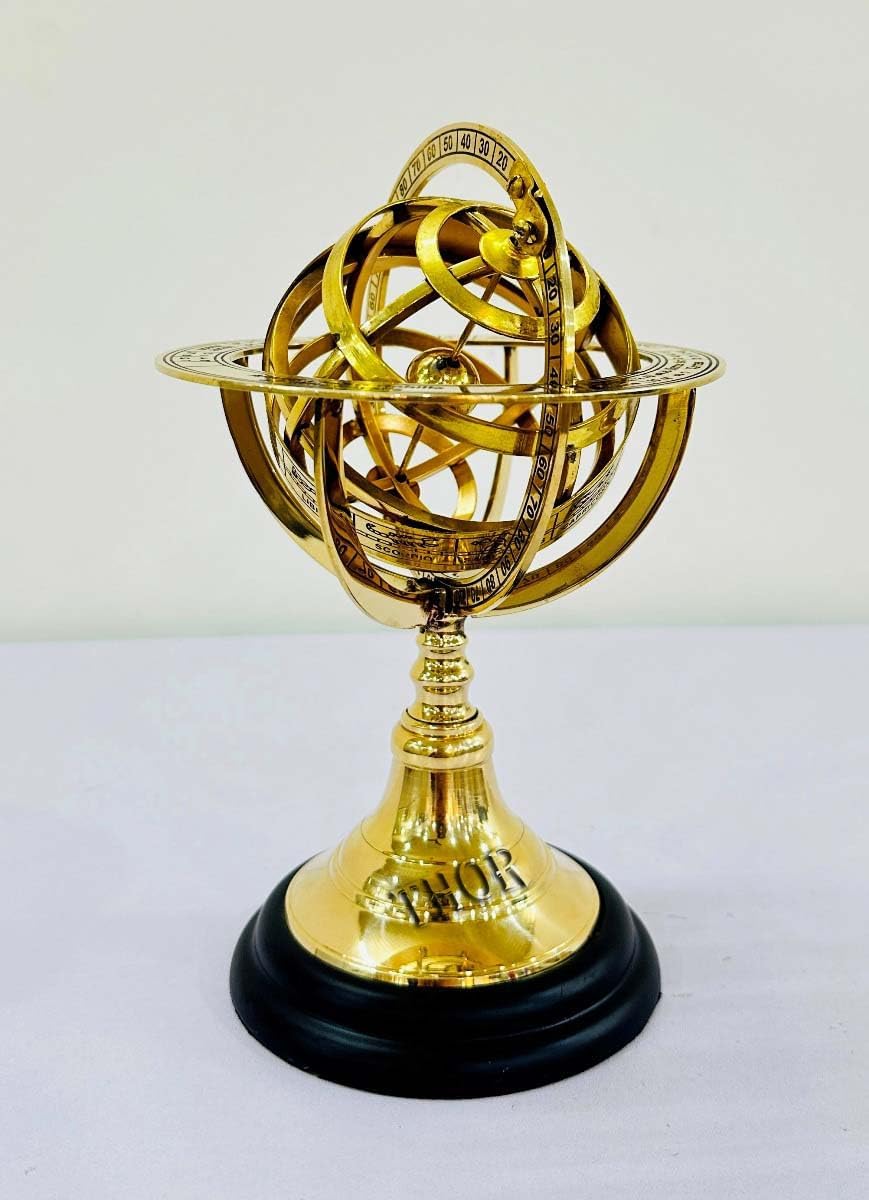 THOR INSTRUMENTS Nautical Brass Armillary Sphere World Globe 8" Vintage Style with Rosewood Base Table Decor Home Decor Gifts
