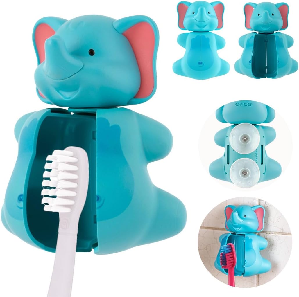 Flipper Hygienic Kids Toothbrush Holder with Suction Cups, Patented Design, One Touch Open & Close, For Home or Travel, Made in Malaysia, Fun Animal Elephant, 3Y+