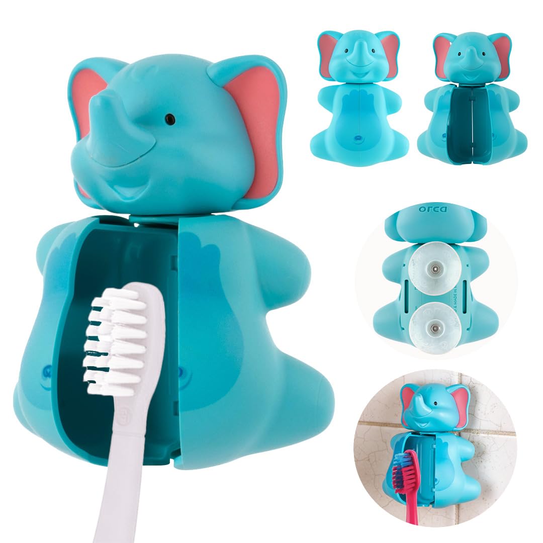 Flipper Hygienic Kids Toothbrush Holder with Suction Cups, Patented Design, One Touch Open & Close, For Home or Travel, Made in Malaysia, Fun Animal Elephant, 3Y+