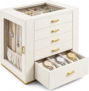 GUOER Jewelry Box, 5-Layer Jewelry Organizers and Storage Beige | Clear Side Doors & Necklace Hooks Large Capacity PU Leather Case with Acrylic Lid for Rings Earrings, Gift for Women