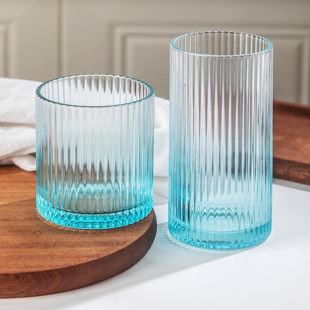 Photo 1 of Lumkit Ribbed Drinking Glasses 8pcs, 12oz and 10oz Glassware, Tumbler Glasses Cup Set for Wedding, Party, Christmas Gift, Blue