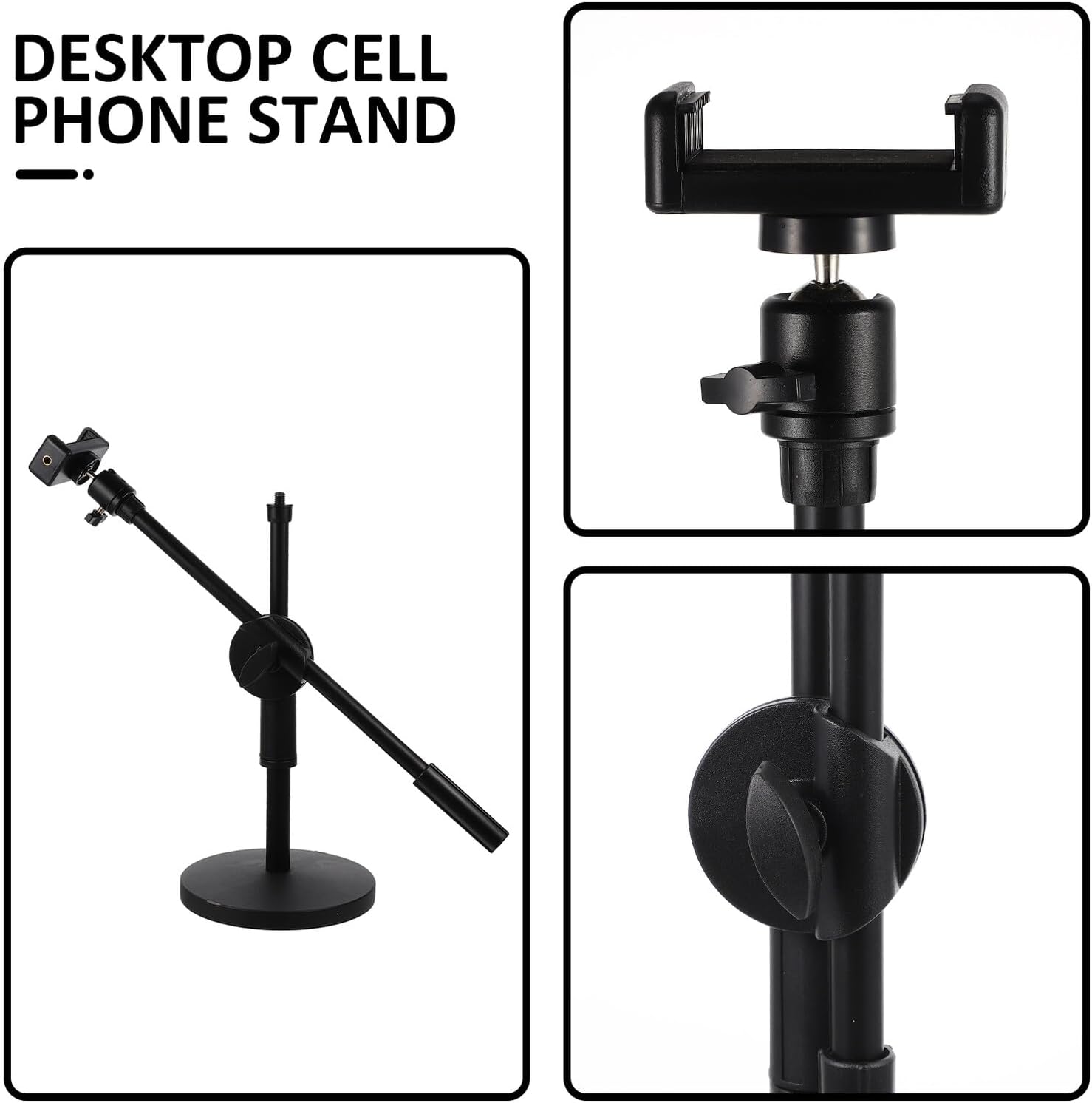 Overhead Phone Mount Stand for Tabletop Streaming and Video Recording, Adjustable Black Desktop Phone Camera Mount for Content Creators