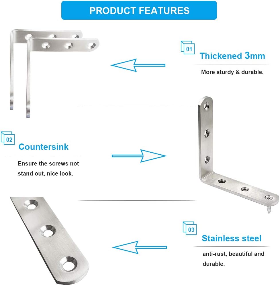 8 PCS L Bracket Stainless Steel Corner Brackets 3 x 3 inch Right Angle Bracket for Wood Furniture, Heavy Duty Metal Joint Corner Brace, with Screw