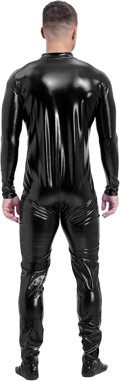 Men's Shiny Metallic Footed Tights Zipper Stretchy Zentai Spandex Full Bodysuit Costume