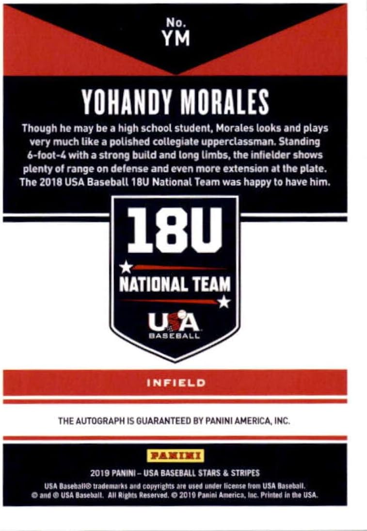 2019 Panini Stars and Stripes 18U National Team Signatures Black Ink #47 Yohandy Morales Auto Autograph SER/499 Official USA Baseball Trading Card in Raw (NM or Better) Condition