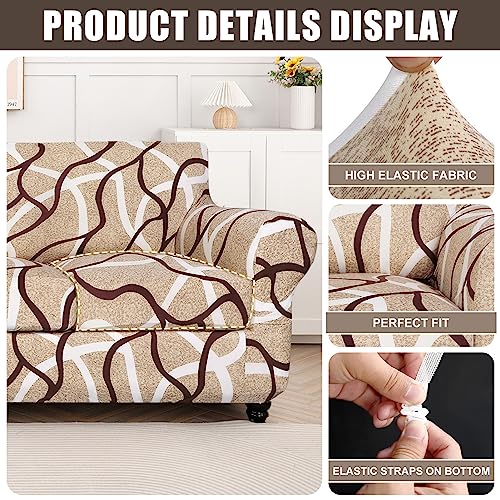 SearchI Stretch Sofa Cover Printed Couch Covers, Floral Pattern 2 Piece Armchair Slipcover with Separate Chair Cushion Cover, Washable Furniture Protector for Living Room(Armchair, Khaki)