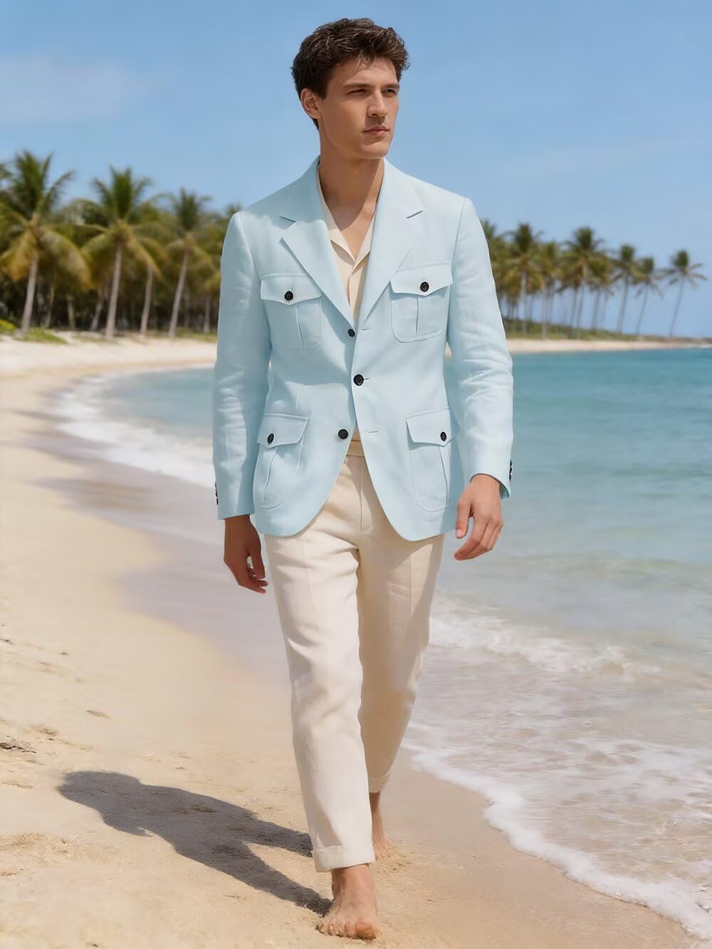 Men's Linen Safari Jacket Blazer Summer Casual Lightweight Sport Coat Regular Fit Suit Jacket with Pockets
