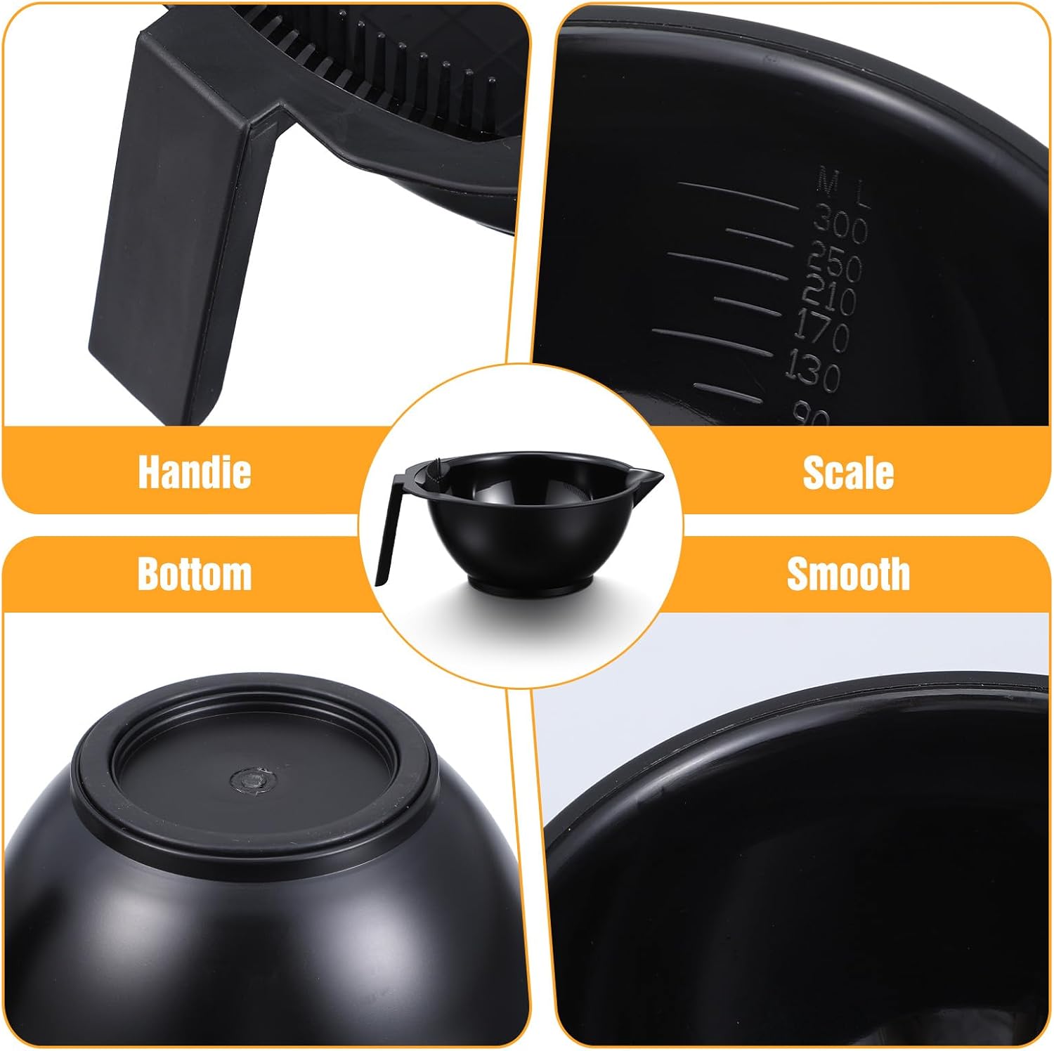 Hair Dye Bowl Set - 6 Black Hair Color Mixing Bowls with Measurements, Pour Spout, Handle & Combed Edge - Reusable Salon Hair Coloring Bowls for Professional or Home Use