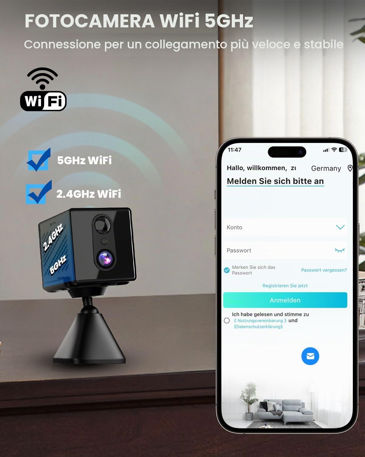 aidowocam Mini telecamera, 5G WiFi telecamera di sorveglianza interna, telecamera di sorveglianza interna, archiviazione cloud gratuita, batteria a lunga durata in standby, rilevatore di movimento