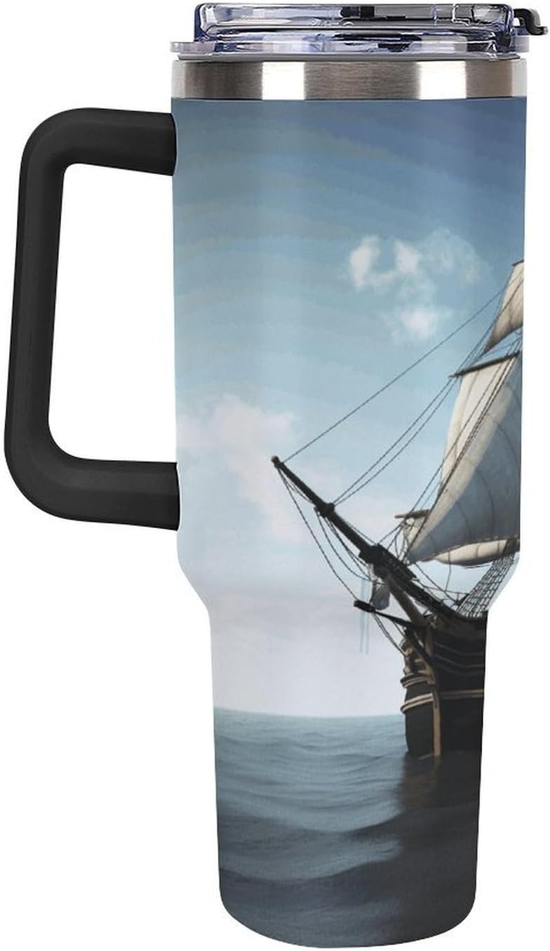 Old Sailing Ship Travel Coffee Mug Reusable Durable Stainless Steel Insulated Tumbler with Handle And Straw Leak Resistant Portable Thermal Cup Gifts for Men Women 40 Oz