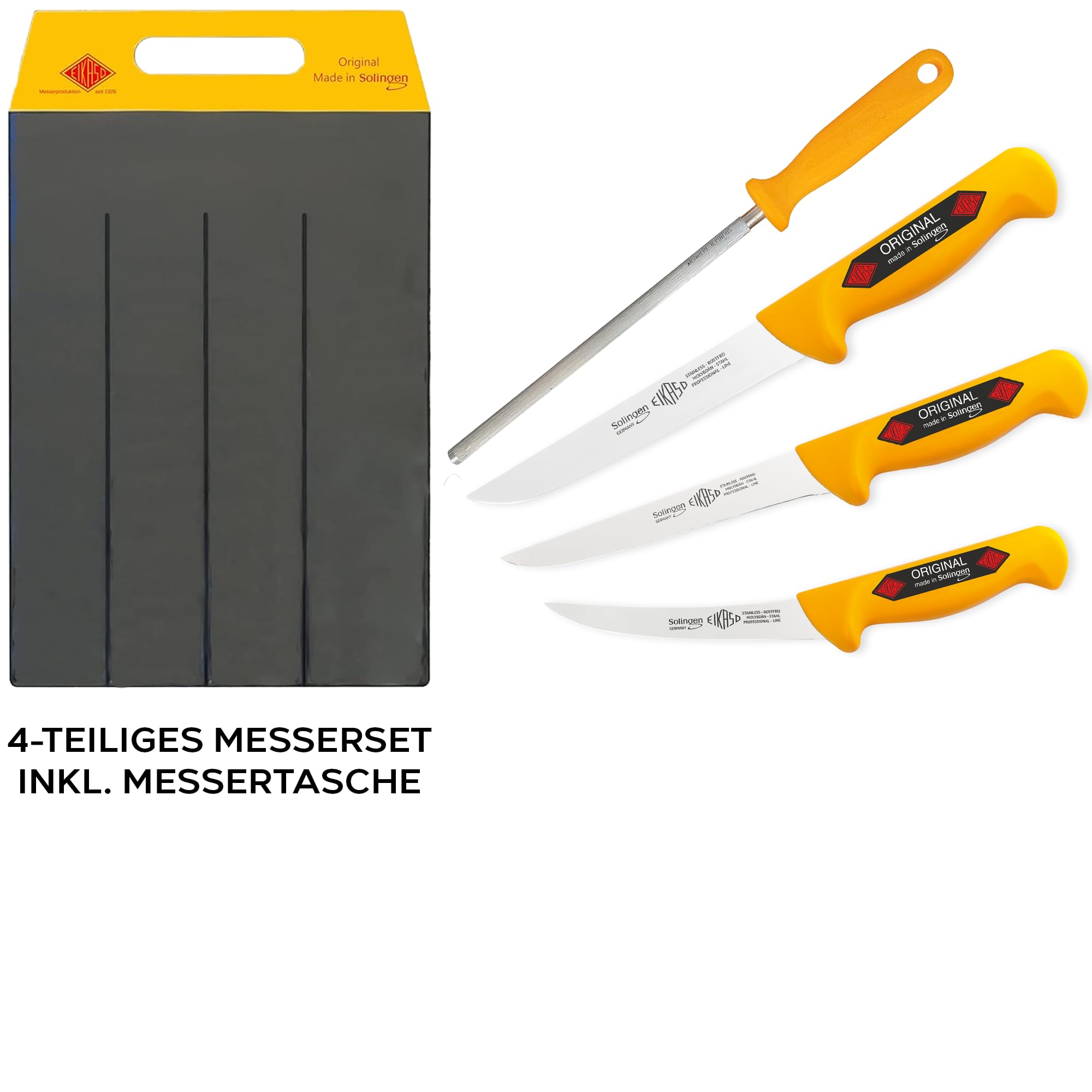EIKASO Solingen Germany 4-Teiliges Profi Messer Set, geeignet als Metzgermesser, Fleischermesser, Schlachtermesser, Ausbeinmesser & Kochmesser aus Molybdänstahl 1.4116 für Profis und Privat