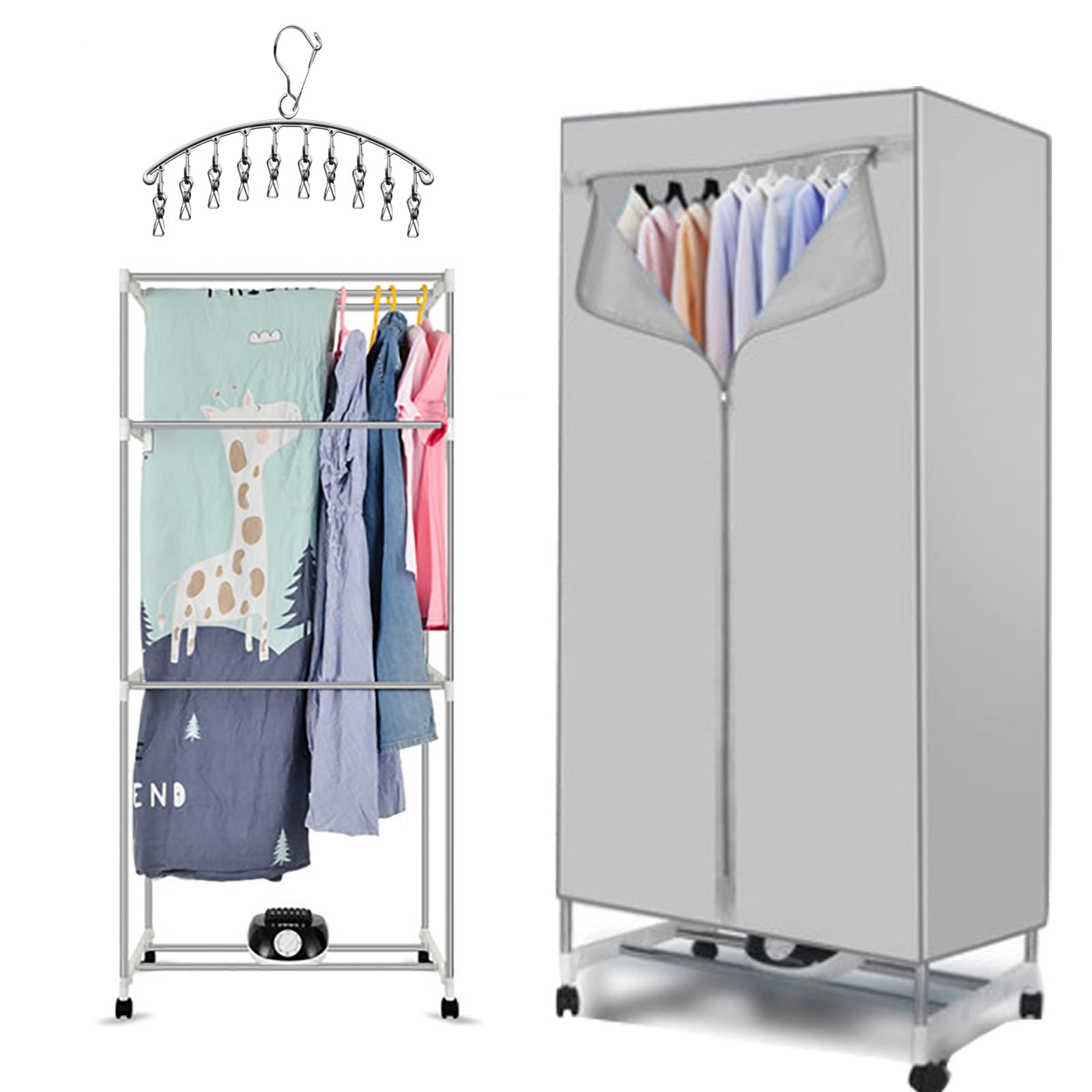 Secador de ropa eléctrico de interior de 3 niveles con armario de secado de aire caliente, 1000 W de eficiencia energética, para todas las telas, viene con una percha de acero inoxidable con 10 clip