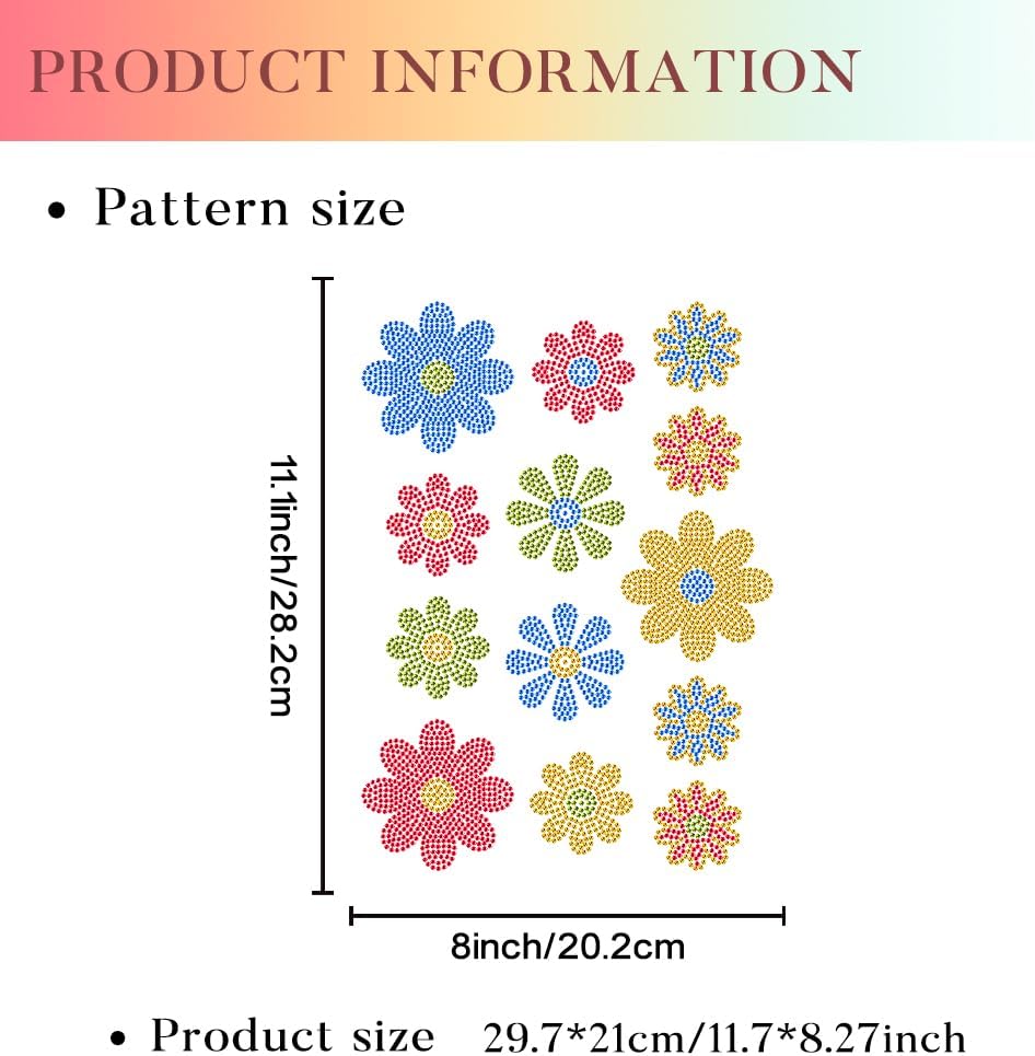 13 Pcs Multicolor Daisy Rhinestone Iron on Hotfix Transfer Decal, Bling DIY Patch Clothing Repair Applique T-Shirt Vest Shoes Hat Jacket Decor Clothing DIY Accessories image 2