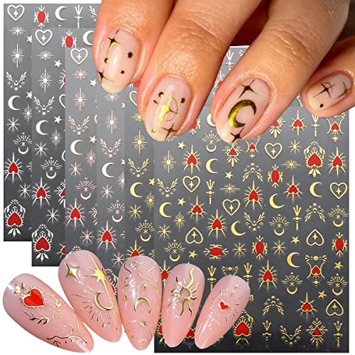 6 Sheets Vintage Sun Star Nail Art Stickers Metallic Nail Decals Nail Art Supplies Gold Rose Sliver Stars Moon Nail Art Design Sticker Adhesive Sliders Diy Manicure Nail Art Decorations For Women #TOP24